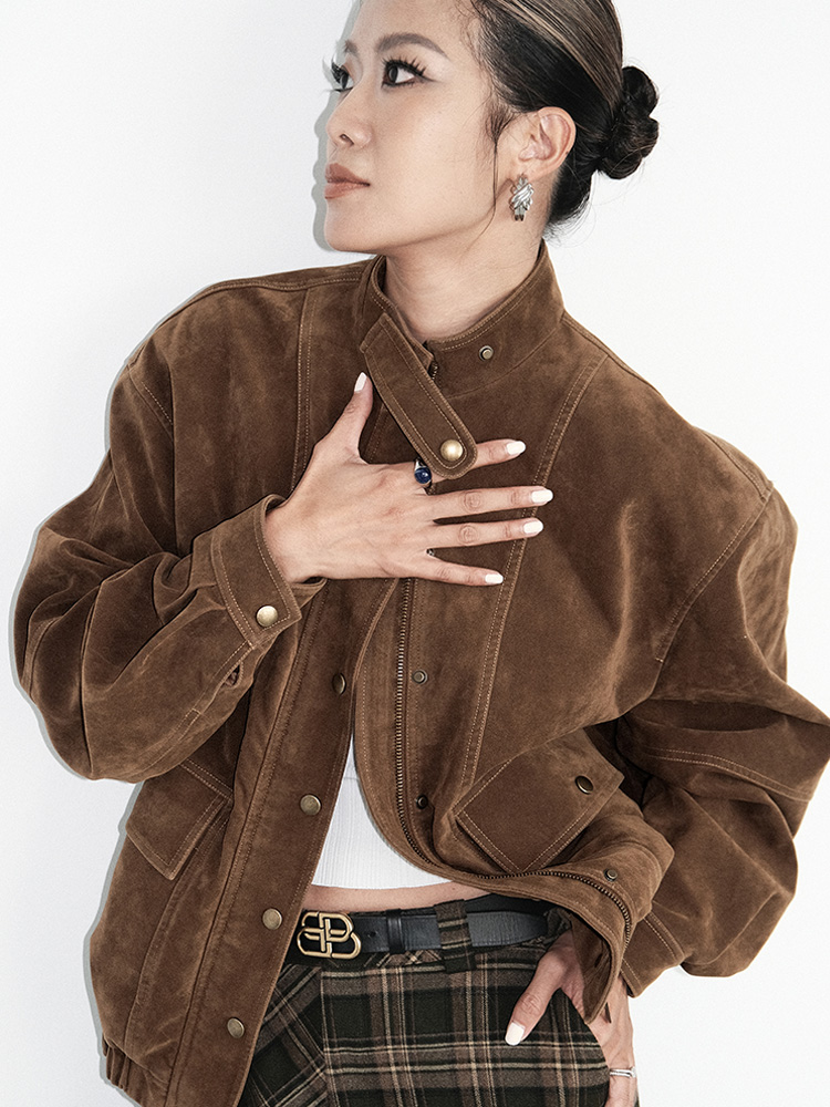 TR她热 西部牛仔 棕色复古做旧麂皮拉链宽松百搭夹克外套