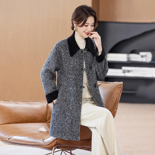 丁摩秋冬新款双面羊毛大衫单排扣撞色大衣通勤穿搭接拼领毛呢外套ALW23527 商品图3