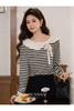鹿向南「奥利奥奶盖」黑白条纹长袖T恤女秋新款法式显瘦正肩上衣L559112-1 商品缩略图4