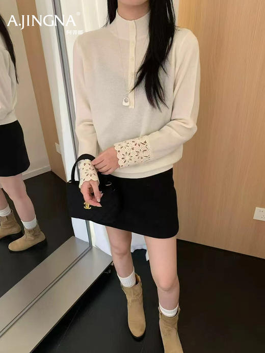 【空气肌理】阿菁娜冬季新款镂空钩花羊毛衫100%绵羊毛裸肤感空气肌理文艺内搭慵懒F30D302010 商品图5