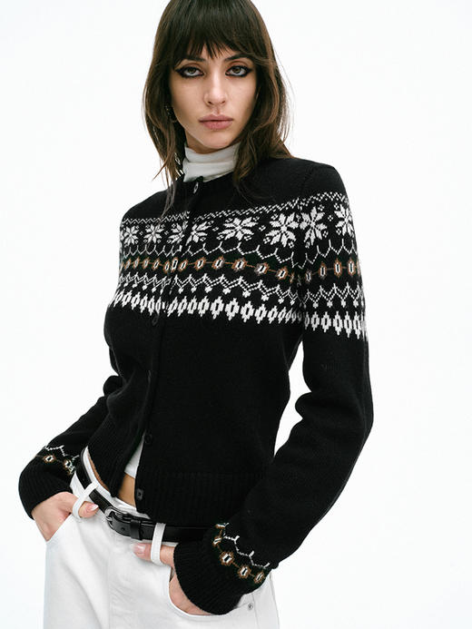 TR她热 挪威森林 黑色针织冰岛雪花费尔岛复古提花羊毛开衫外搭 商品图4