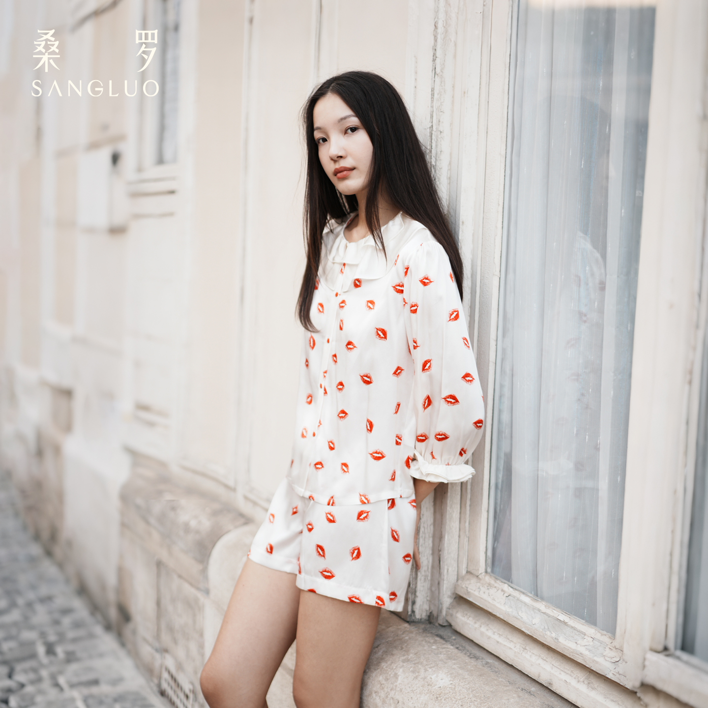 桑罗娃娃领真丝睡衣套装红唇印花100%桑蚕丝女家居服吊带裙可选