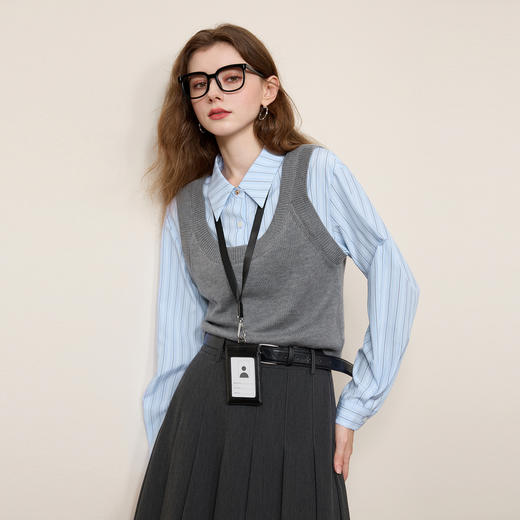 三彩2026春季新款假两件拼接针织衫学院风翻领上衣套头减龄M 商品图1