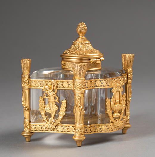 独角鹿西洋古董19世纪法国出品火炬立柱造型双翼鹰头狮身神兽主题铜鎏金精雕嵌水晶墨水瓶 商品图6