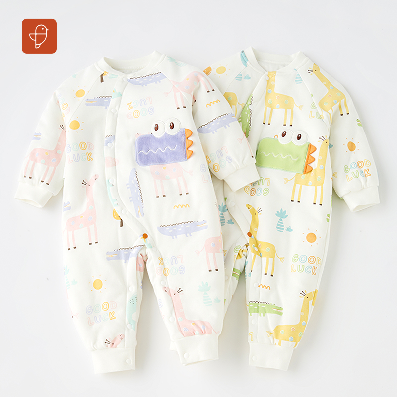 【缤纷动物园夹棉斜襟哈衣】基础款套装防风袍透气亲肤软萌纯棉保暖加厚连体衣0-3 岁