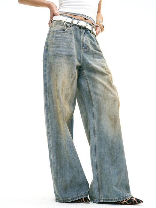 TR她热 脏脏裤 蓝色做旧复古休闲显瘦泥染脏脏裤直筒牛仔裤 商品图0