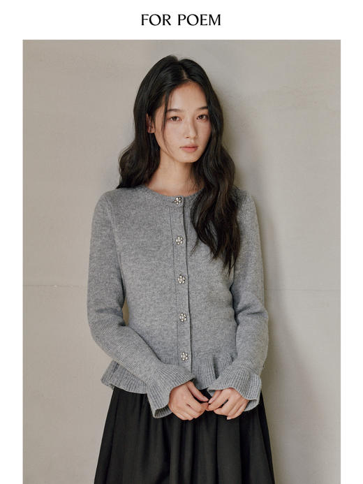 ForPoem 25/FW 原创设计荷叶边花朵扣灰色气质针织羊毛开衫外套 商品图0