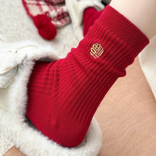 【鸿运当头从脚开始❗️精美提花高级质感】秋冬季结婚新年马年有钱花中筒袜本命年属马暗红色袜子女可爱简约。jb 商品图2