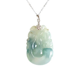 【天然正品】A货翡翠AU750白金镶天然糯冰种飘蓝花福贝翡翠吊坠项链42.8*22.7*5.9MM （皆取最大值）女士 021225NJM14特价：780