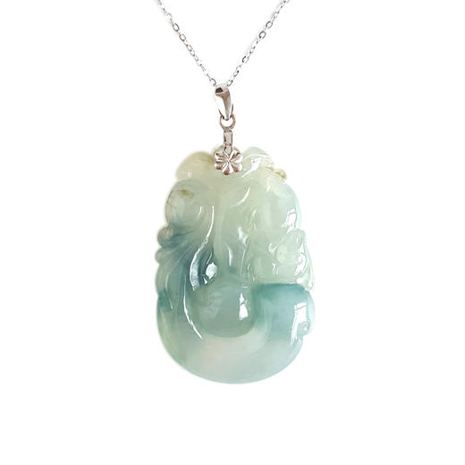 【天然正品】A货翡翠AU750白金镶天然糯冰种飘蓝花福贝翡翠吊坠项链42.8*22.7*5.9MM （皆取最大值）女士 021225NJM14特价：780 商品图0