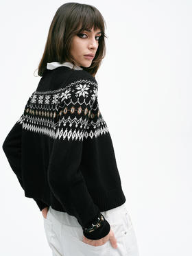 TR她热 挪威森林 黑色针织冰岛雪花费尔岛复古提花羊毛开衫外搭