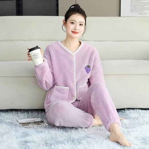秋冬加厚加绒珊瑚绒法兰绒简约纯色长袖居家单件上衣家居服睡衣女 商品图1