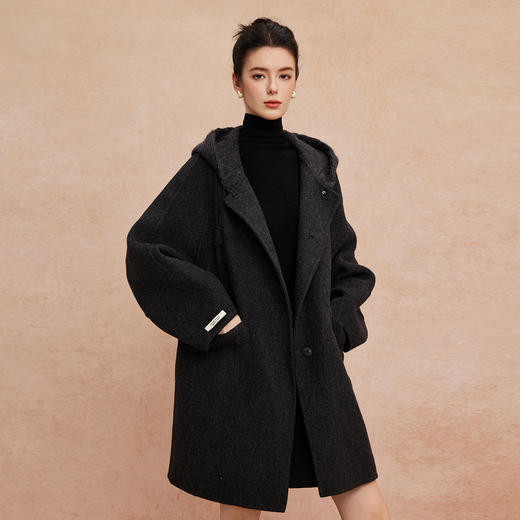 QH963斯尔丽25新款老钱松弛感针织帽兜宽松显瘦时尚减龄双面呢大衣 商品图5