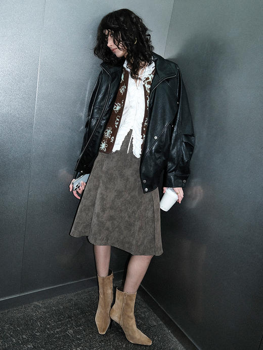 TR她热 棕摆轮廓 棕色做旧复古双排扣显瘦不规则A字半裙皮裙 商品图4