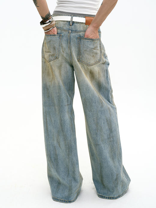 TR她热 脏脏裤 蓝色做旧复古休闲显瘦泥染脏脏裤直筒牛仔裤 商品图4