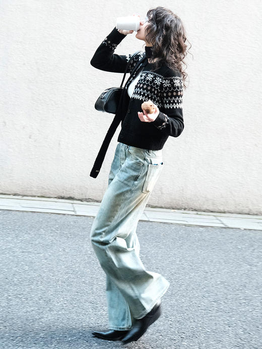 TR她热 挪威森林 黑色针织冰岛雪花费尔岛复古提花羊毛开衫外搭 商品图3