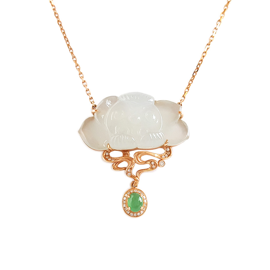 【天然正品】A货翡翠AU750精品玫瑰金镶钻镶天然冰种莲花造型翡翠（高贵，幸福）吊坠项链吊坠：32.1*28.5*6.8MM / 项链：42CM（长度可调节）女士 021225NJM17