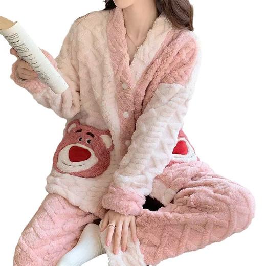 珊瑚绒睡衣女春秋冬季加厚保暖可爱法兰绒家居服公主风套装粉熊 商品图4