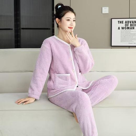 秋冬加厚加绒珊瑚绒法兰绒简约纯色长袖居家单件上衣家居服睡衣女 商品图0