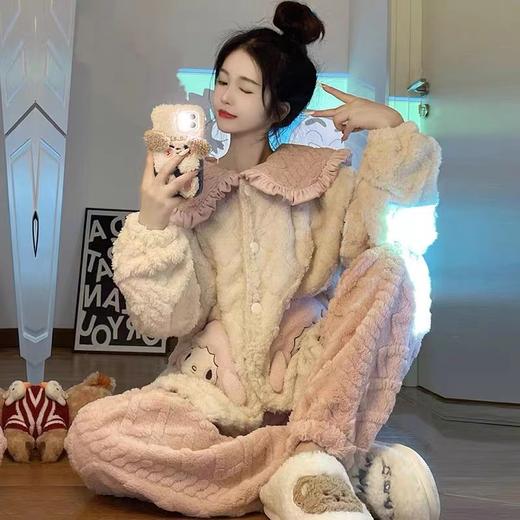 珊瑚绒睡衣女春秋冬季加厚保暖可爱法兰绒家居服公主风套装粉熊 商品图2