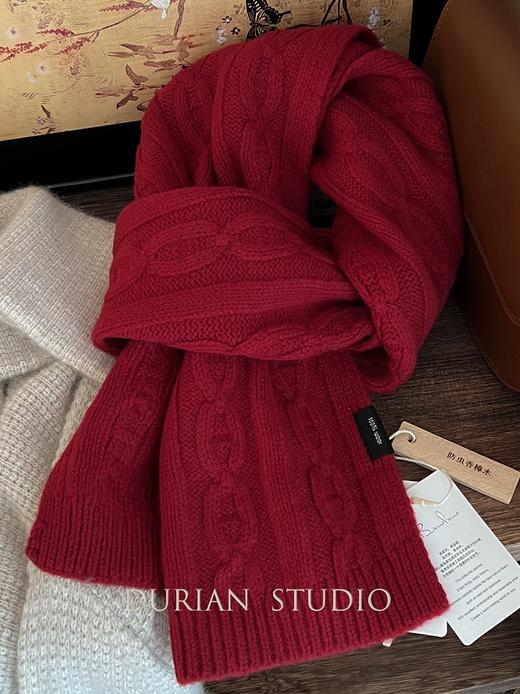 【秋冬精选】100%澳洲精选纯羊毛经典麻花英伦安可拉红复古围巾女冬季绞花围脖 165*22cm 商品图2