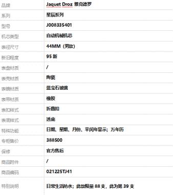 【95新】Jaquet Droz 雅克德罗J008335401自动机械机芯日期、星期、月份、平闰年显示；万年历44MM（男款）星辰系列陶瓷 021225TJ41 商品图7