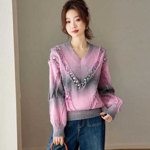 CC 2222复古渐变色V领亮片针织衫宽松毛衣遮肚流苏上衣 商品图2