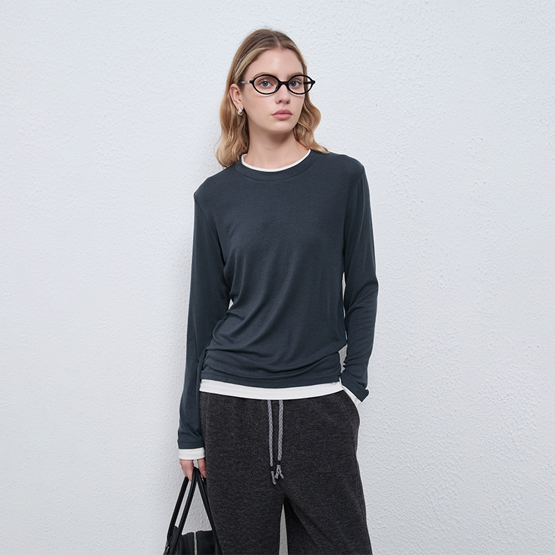 【2件9折】【Petit Bari】(多色)简约软糯天丝羊毛圆领假两件上衣