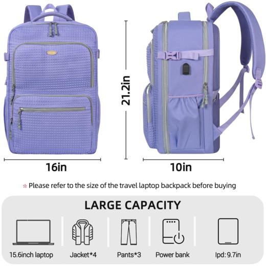美国 FREEAMG 大容量背包 带USB充电口 可放下15.6英寸笔记本电脑 紫色 X004LACX07 商品图6