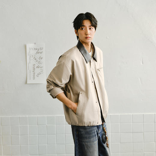 森马夹克男春季花苞翻领夹克2026春季情侣复古领拼皮上衣潮流时尚 商品图2