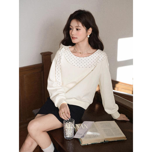 鹿向南「云朵山茶」设计感奶白色波点蝴蝶结卫衣显瘦长袖上衣女秋L58705 商品图3
