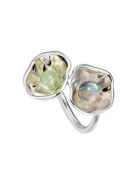 APPLOGUE｜RI2504P 光之葡萄石及灰月光石曲壁戒指 [ 月光灰+浅绿 ]