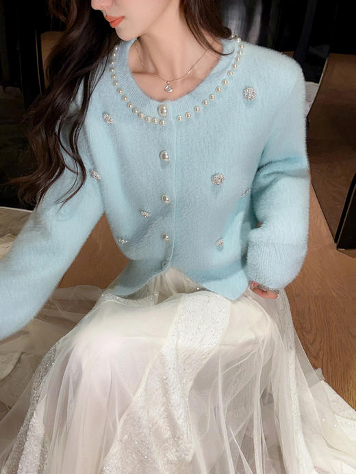 张心子【满级月光】重工镶钻水貂绒毛衣开衫绝美独特洋气上衣 U2512024 商品图9