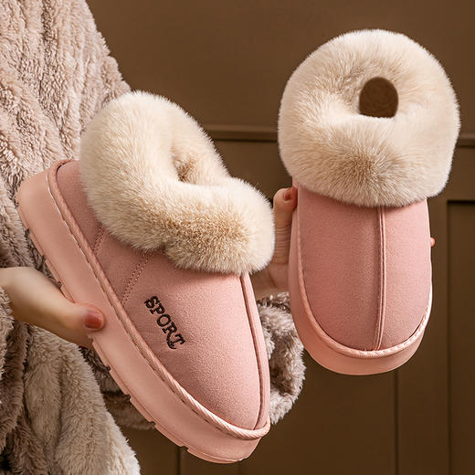 【2双更划算】宅小年 刺绣小暖炉仿皮绒包跟棉拖鞋 舒适保暖 毛绒鞋口 防滑 男款/女款 商品图10