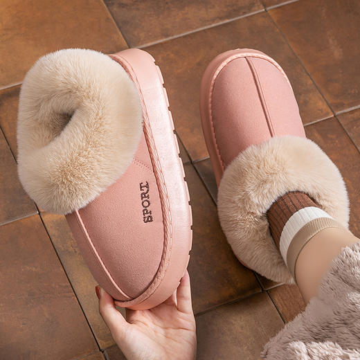 【2双更划算】宅小年 刺绣小暖炉仿皮绒包跟棉拖鞋 舒适保暖 毛绒鞋口 防滑 男款/女款 商品图9