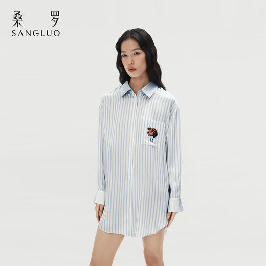 桑罗萌趣旺旺条纹印花真丝衬衫裙100%桑蚕丝女长袖家居服腊肠小狗可外穿 商品图2