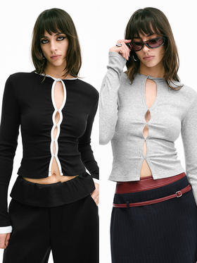 TR她热 呼吸Tee 灰色黑白镂空百搭基础款露背正肩长袖T恤打底衫