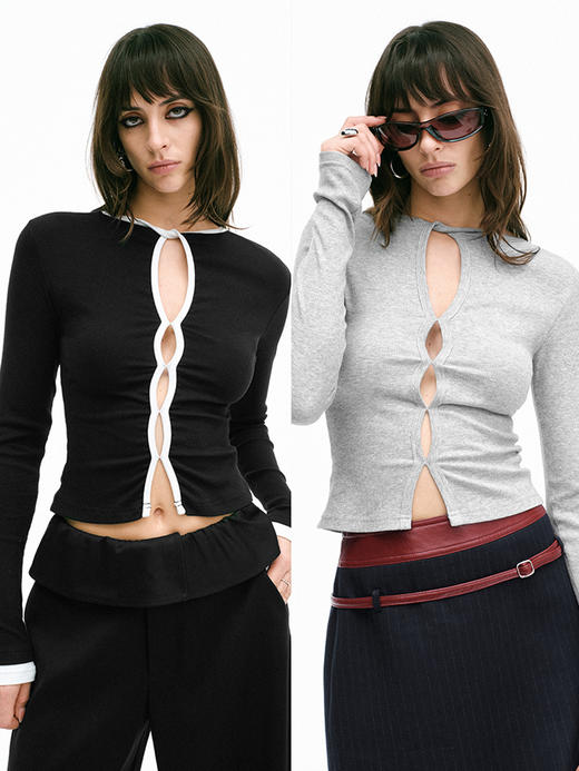 TR她热 呼吸Tee 灰色黑白镂空百搭基础款露背正肩长袖T恤打底衫 商品图0