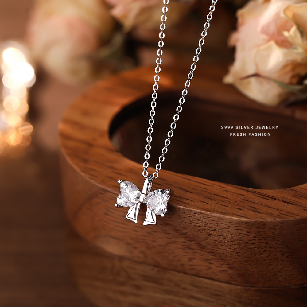 【眷恋蝴蝶】S999纯银爱心锆石蝴蝶结项链【YXS-A4792】