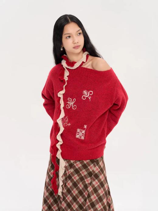 heris/H53104/流苏窄围巾搭配 古董集市刺绣 慵懒宽松露肩毛衣 商品图3