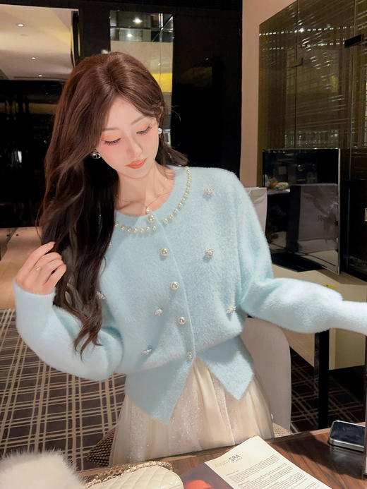 张心子【满级月光】重工镶钻水貂绒毛衣开衫绝美独特洋气上衣 U2512024 商品图11