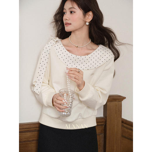 鹿向南「云朵山茶」设计感奶白色波点蝴蝶结卫衣显瘦长袖上衣女秋L58705 商品图0