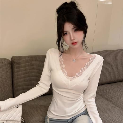 【慵懒简约❗️纯欲小众】纯欲蕾丝花边白色长袖打底衫女秋季新款高级感修身内搭上衣可外穿。jb 商品图4