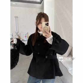 25AW上新 佳佳同款【氛围人生】腰间可系扣翻领毛呢外套黑色显瘦收腰宽松
