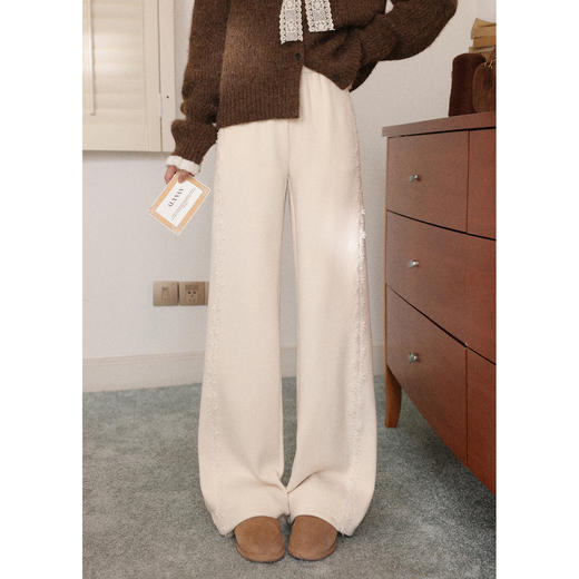 鹿向南「芦白风柔」高腰显瘦杏色休闲裤女秋冬设计感阔腿长款裤子 商品图0