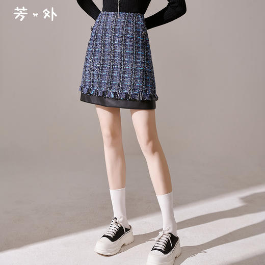 剩M/L 芳外【PU拼接小香风半身裙】25秋款特殊牛仔混编半身裙 商品图0