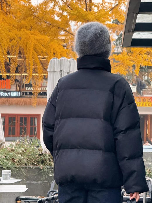 简约立领设计短版鹅绒服 丝驼绒羽绒服 充绒饱满 骆驼绒与桑蚕丝混纺织造面料 90鹅绒填充 落肩廓形 下摆可调节抽绳 商品图4