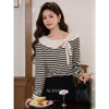 鹿向南「奥利奥奶盖」黑白条纹长袖T恤女秋新款法式显瘦正肩上衣L559112-1 商品缩略图0