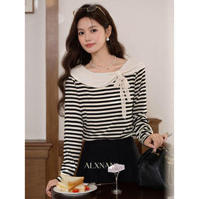 鹿向南「奥利奥奶盖」黑白条纹长袖T恤女秋新款法式显瘦正肩上衣L559112-1