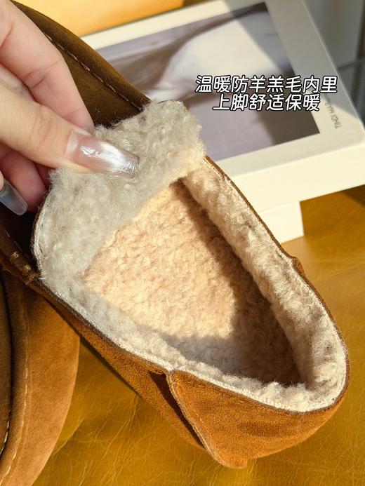 冬季新款牛皮版复古绒面加绒豆豆鞋 一脚蹬平底圆头外穿休闲鞋 商品图4